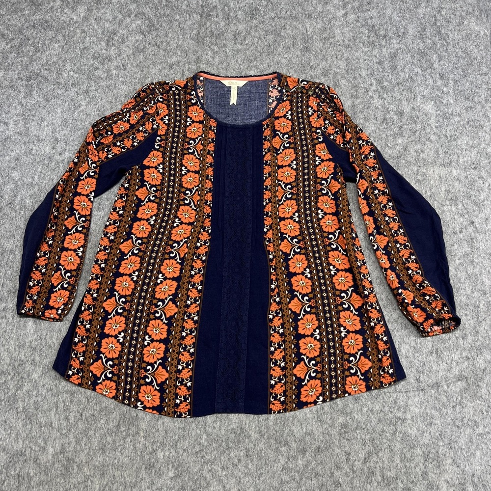 Matilda Jane Shirt Womens Medium Navy Orange Floral Boho Tunic Top Long Sleeve